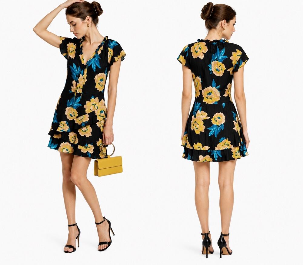 Left Coast 100% Silk Black Floral Dress Women's Size S Ruffle Flounce Old Money